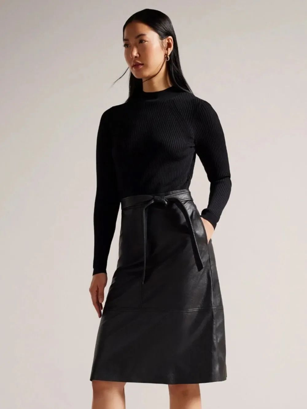 Ted Baker 14 (5) ALLTAA Black Sweater Top Leather Skirt Long Sleeve Dress